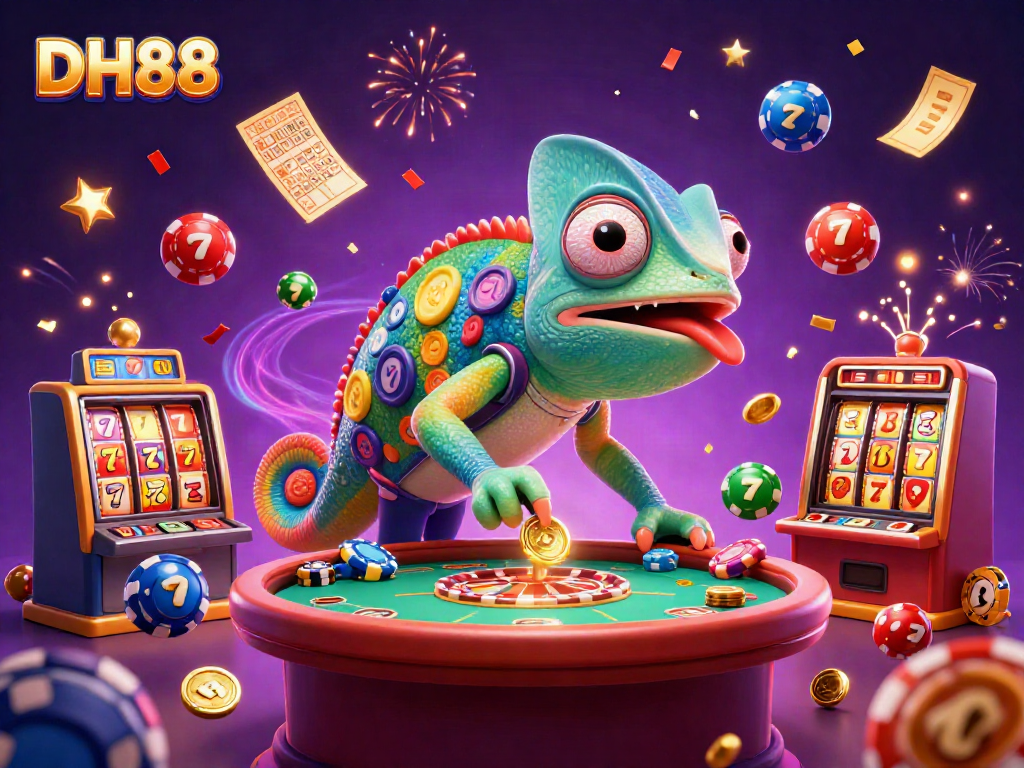 Experience the vibrant DH88 casino atmosphere with a colorful chameleon owner and dynamic game elements.
