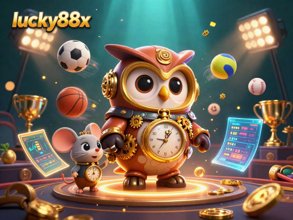 Engage with lucky88x in this vibrant 3D illustration showcasing a time-traveling owl and a clockwork mouse amidst dynamic sports and casino elements.