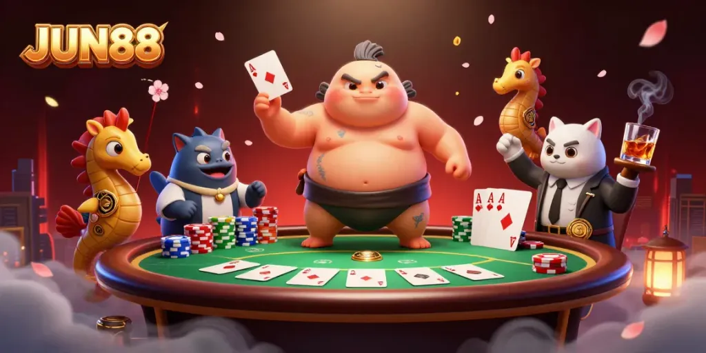 Experience the vibrant underwater casino scene at JUN88, featuring a fugu in action with poker elements.