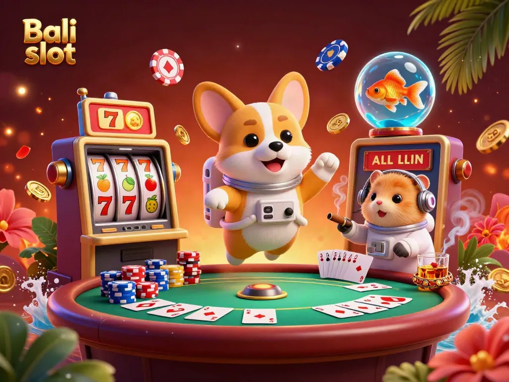 This vibrant illustration captures the essence of Bali slot with a playful corgi astronaut and casino elements.