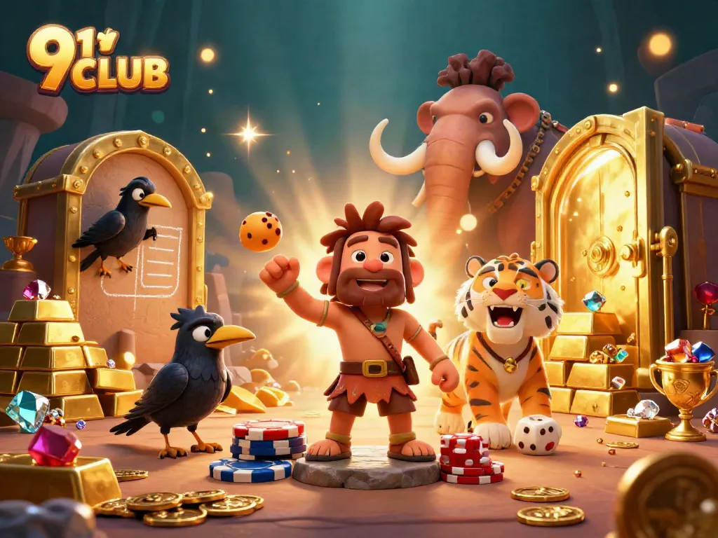 Engage in the thrilling world of 91 CLUB with cavemen and treasures in a dynamic casino scene.