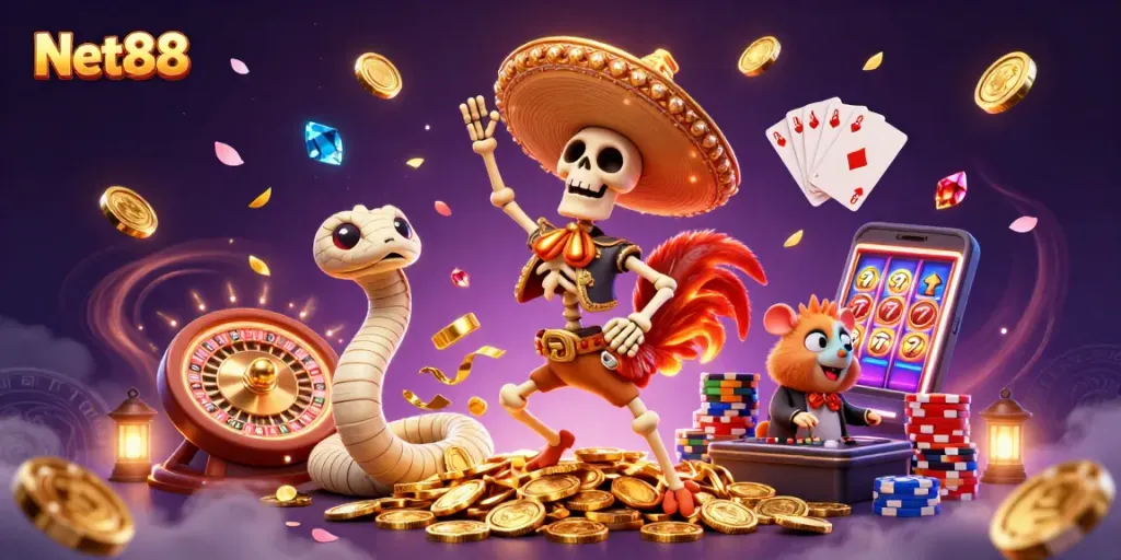 Engage with Net88's dynamic gaming scene featuring lively characters and vibrant casino elements.