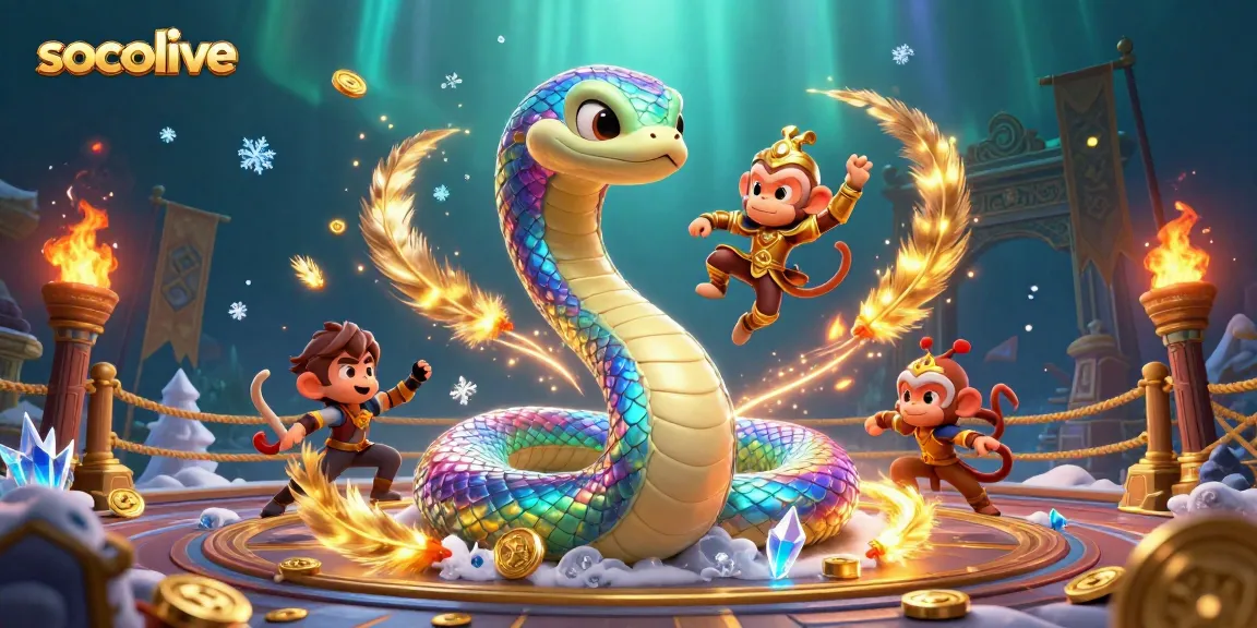 Socolive offers a vibrant casino scene with a rainbow serpent and a playful monkey king, showcasing winning strategies and golden tokens.