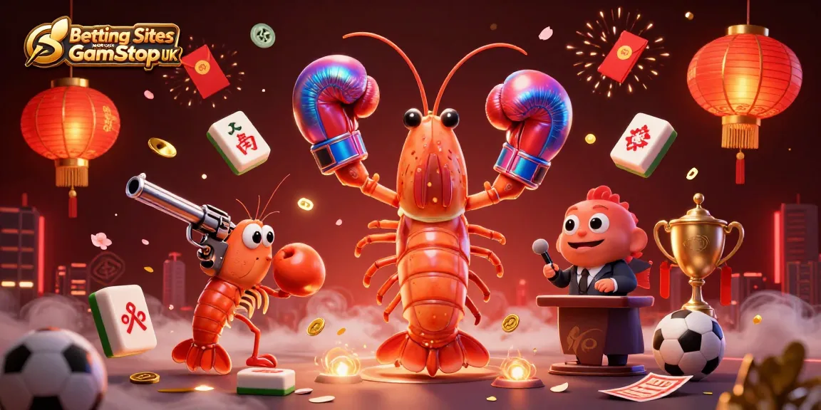 Betting Sites Not on GamStop UK showcases vibrant 3D art of poker shrimp champions amidst floating casino elements.