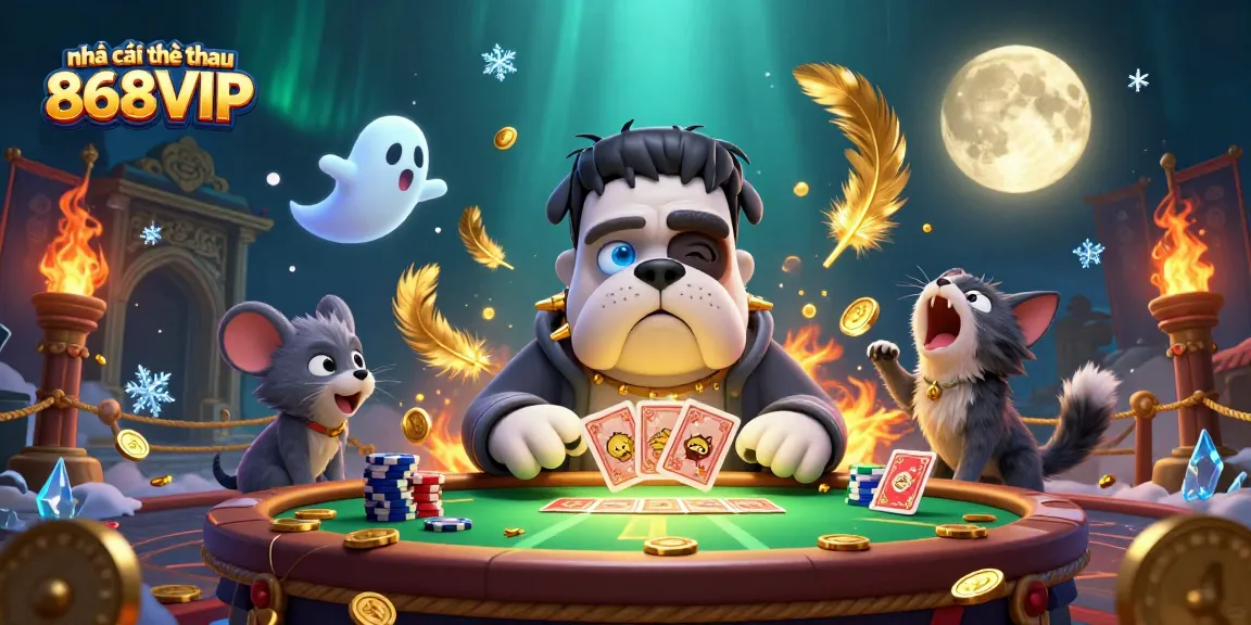Engage in lively gaming action with nhà cái thể thao 868VIP featuring a Frankenstein bulldog dealer at a spooky table.