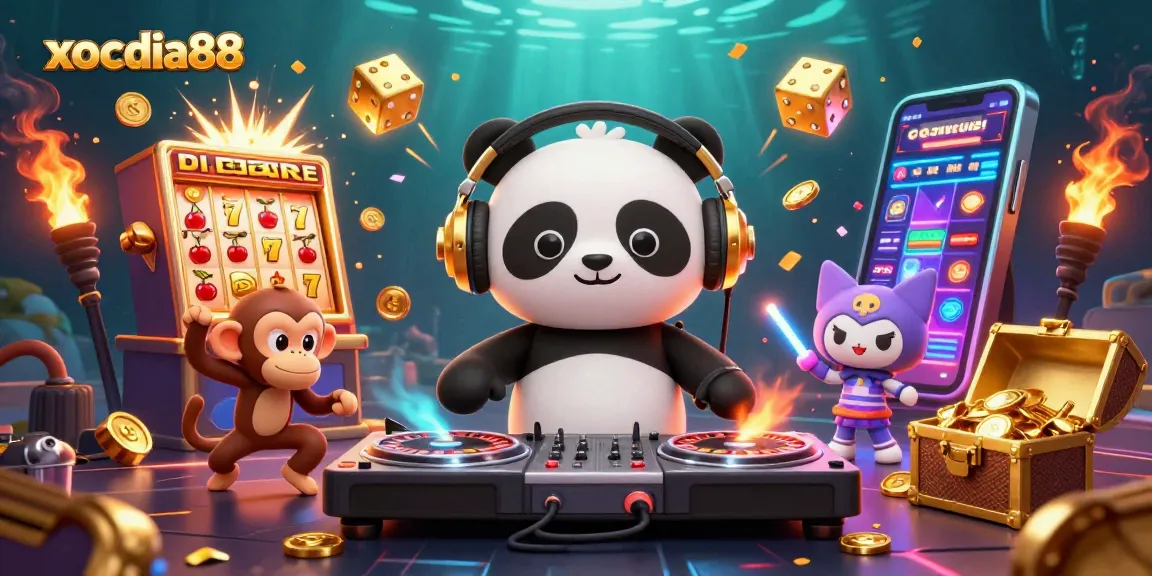 Experience the thrilling excitement of xocdia88 with a vibrant casino scene featuring cartoon characters and dynamic elements.