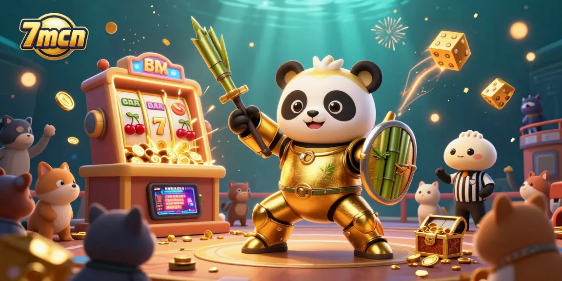 Engage with 7mcn slot gaming through a vibrant 3D scene of a golden panda pilot, bursting jackpots, and animated expressions.