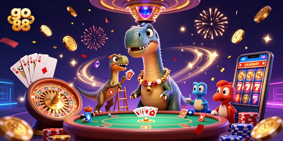 Experience the excitement of go 88 with a giant brontosaurus observing a poker game from above.