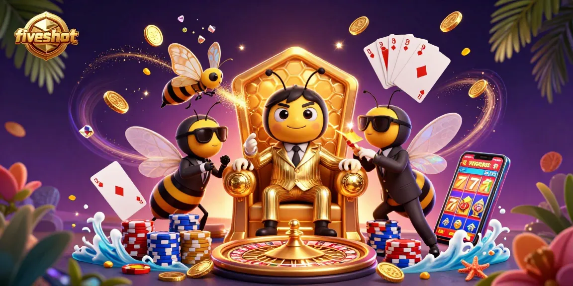 Experience the vibrant fiveshot casino scene with dynamic characters, gold coins, and exciting games.