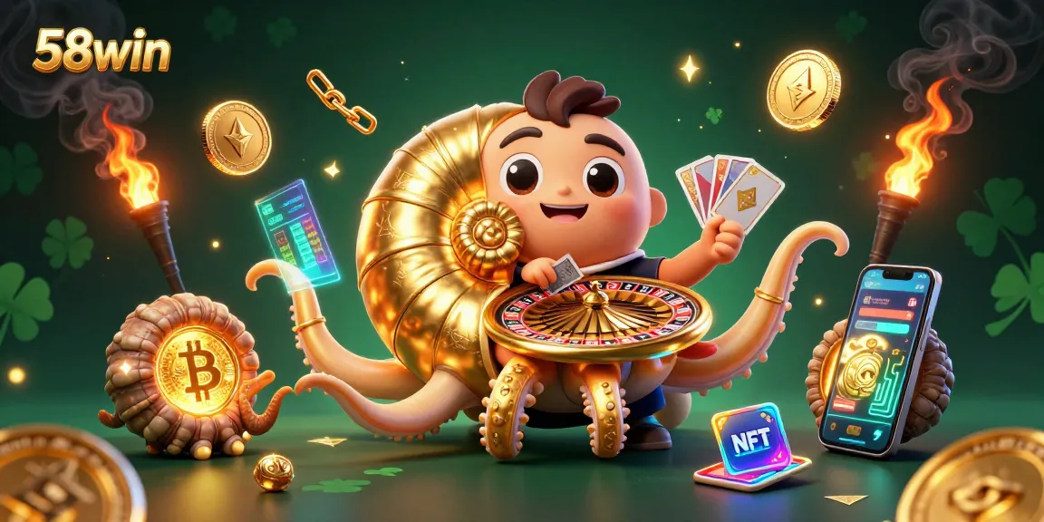 Engage in thrilling gameplay with 58win, featuring a giant nautilus, cards, and crypto coins.