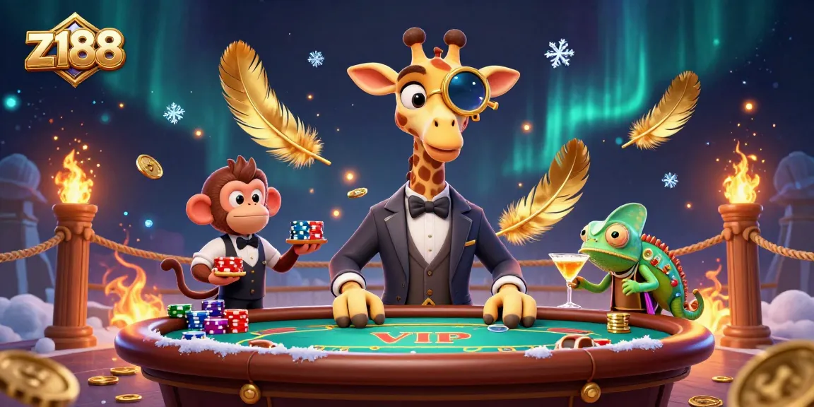 Experience thrilling gaming at z188 with a giraffe high-roller and monkey valet amidst vibrant casino elements.