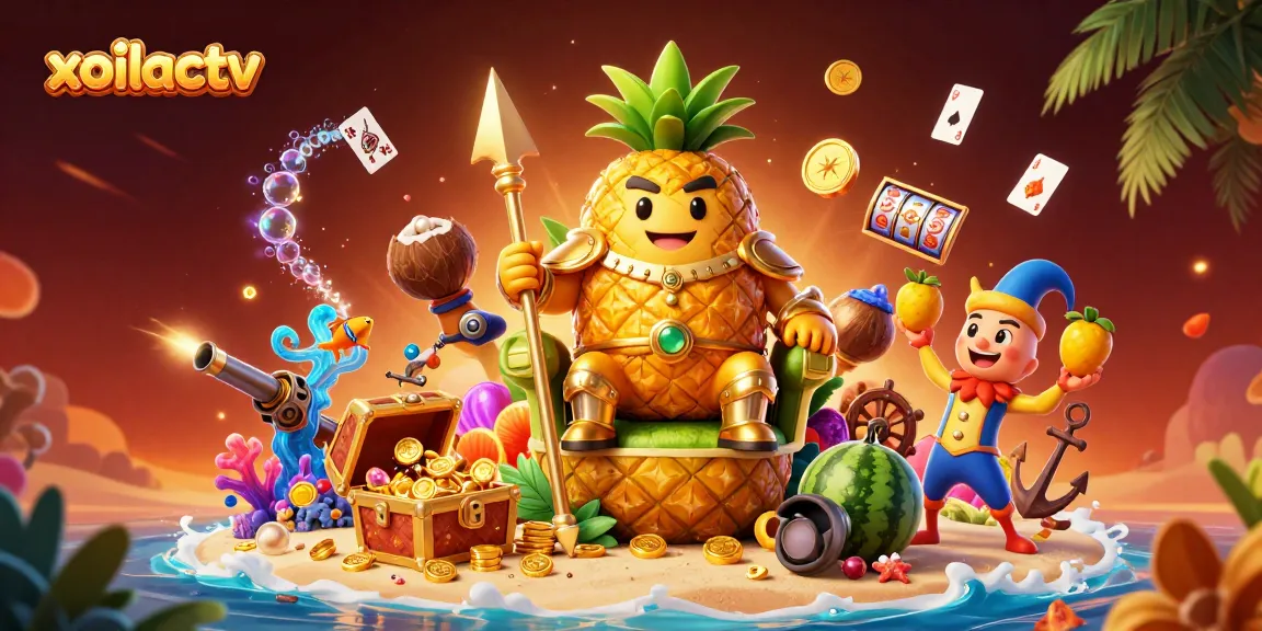 Xoilactv engages viewers with a vibrant 3D scene featuring a pineapple king and colorful slot elements.