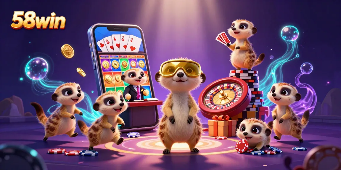 Experience the excitement at 58win casino with playful meerkats managing a vibrant game scene.