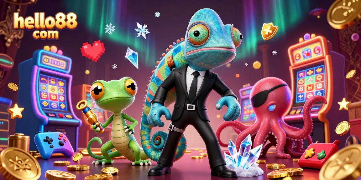 Spin winning reels at hello88 com in this vibrant casino scene filled with characters and slot machine elements.