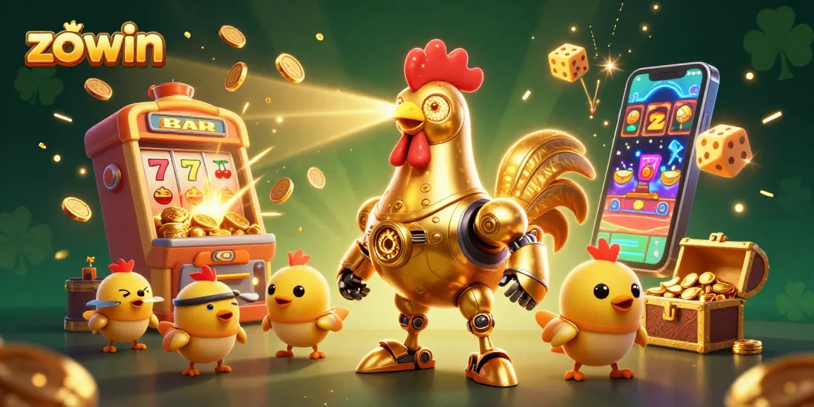 Experience the excitement of zo win with a golden rooster robot and casino elements in a vibrant 3D scene.