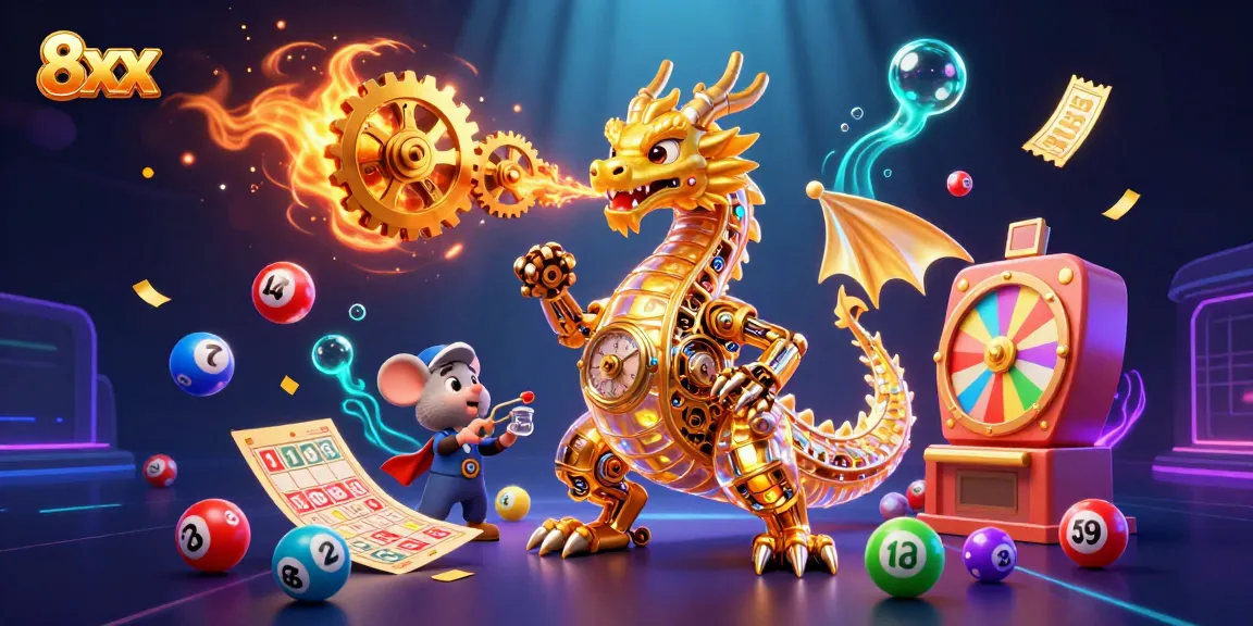 Engage with 8xx in this vibrant 3D illustration featuring a dragon and colorful lottery elements.