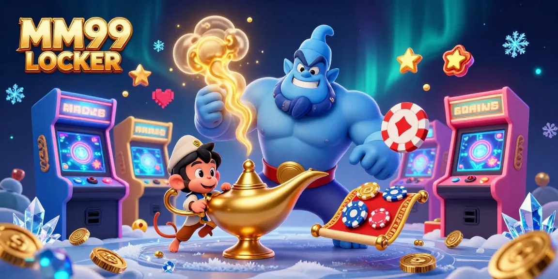 Experience MM99 LOCKER with a vibrant 3D cartoon genie and poker riches in a lively casino scene.