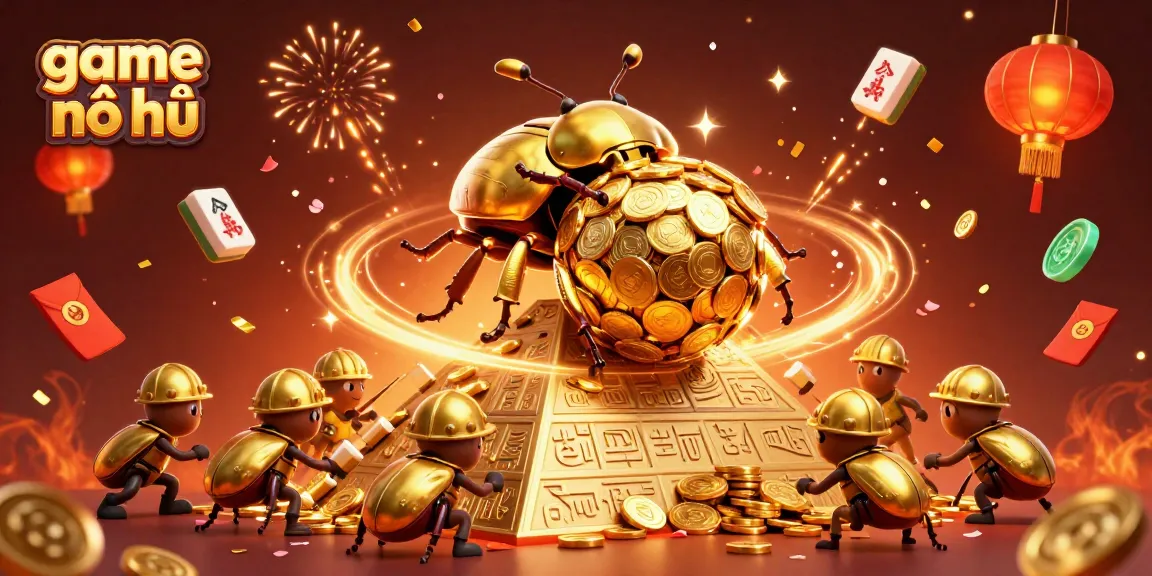 Engage with game nổ hũ through a vibrant 3D illustration showcasing golden beetles and casino symbols.