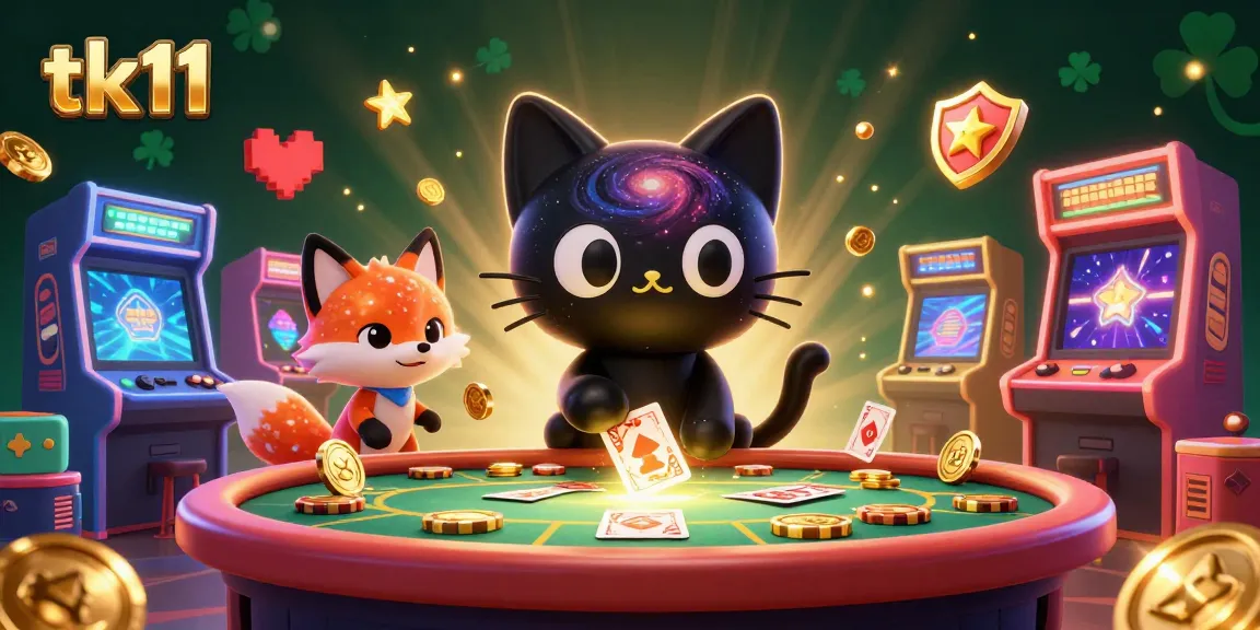 Engage with tk11 in this vibrant 3D casino scene featuring a cosmic cat and colorful galaxy fox.