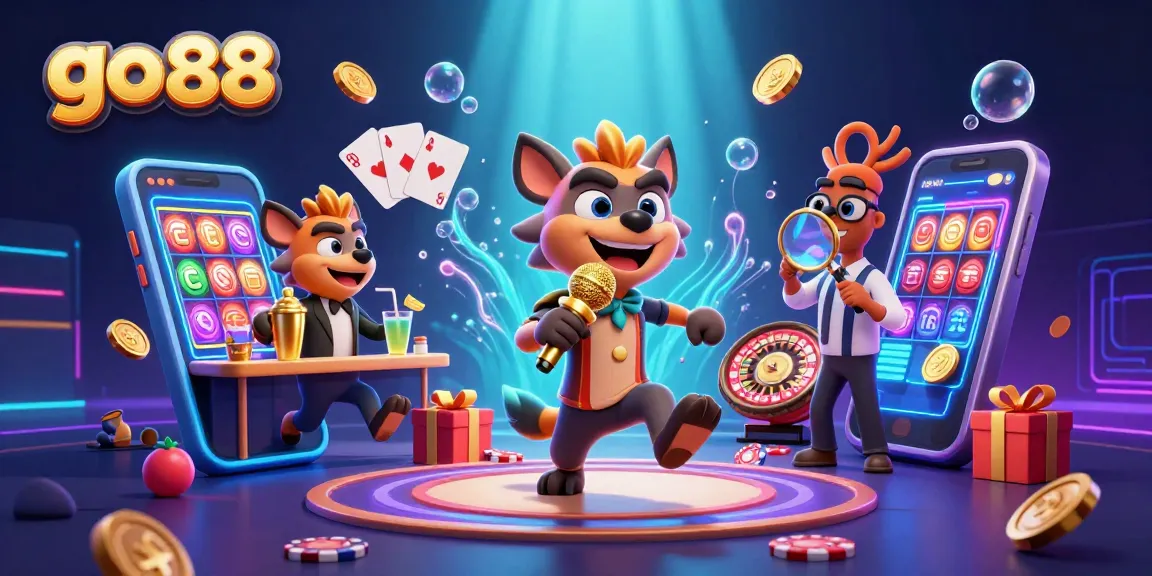 Experience the fun at the go 88 casino with hyena characters in a vibrant, colorful gaming scene.