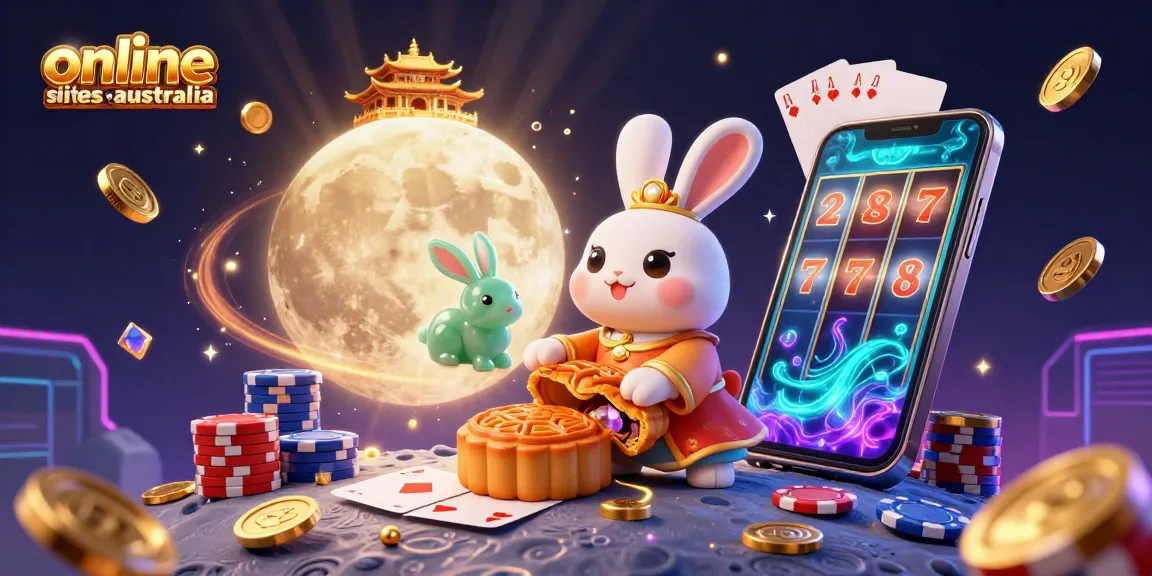 Experience the excitement of online casino sites australia with a vivid scene of playful moon rabbits and dynamic gaming elements.
