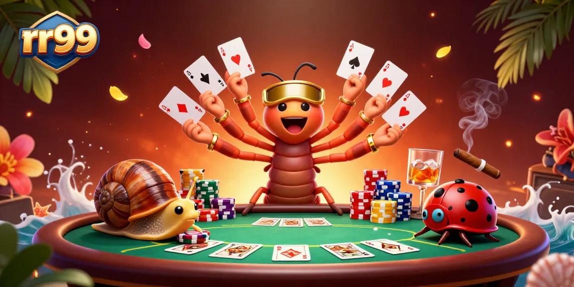Experience rr99 excitement with 3D characters at a vibrant casino scene filled with poker elements.