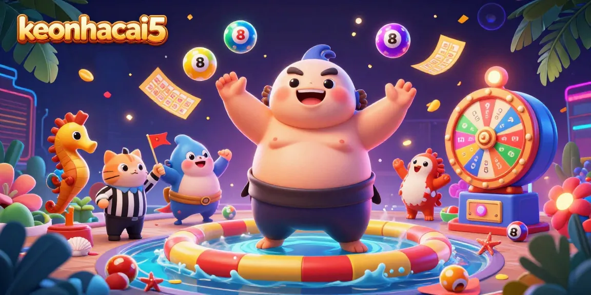 Engage with keonhacai5 through a dynamic undersea gambling scene full of colorful lottery elements.