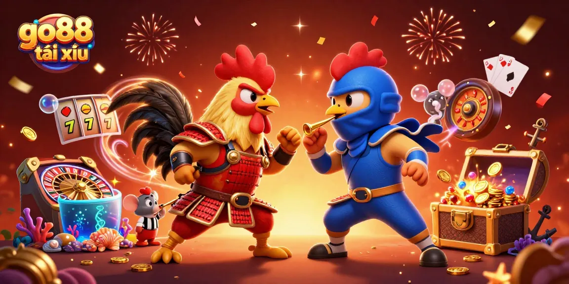 Engage in go88 tài xỉu with vibrant fighting roosters and Casino elements in a dynamic illustration.