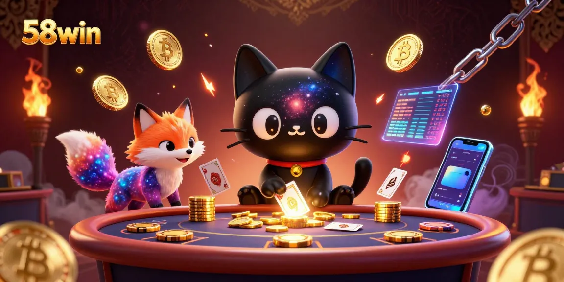 Engage with 58win's cosmic casino featuring a black hole cat pulling in golden chips and cards.
