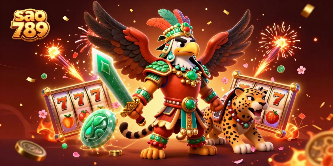 Sao 789 features a vibrant scene with a warrior eagle, jaguar companion, slot reels, and golden coins celebrating online gaming.
