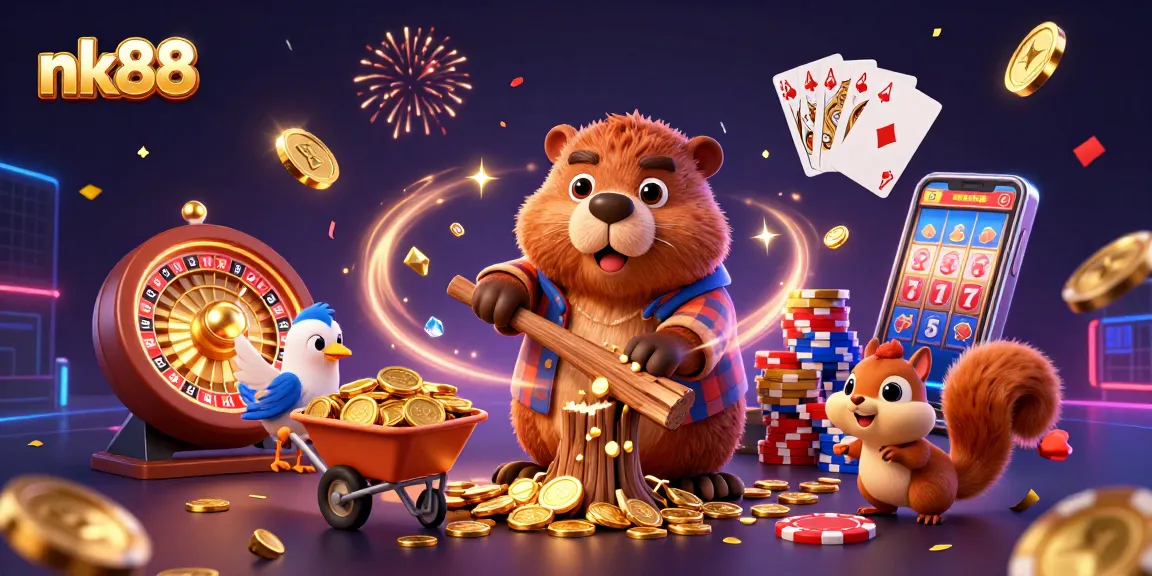 Experience exciting wins at nk88 with this vibrant illustration showcasing a 3D beaver celebrating casino victories.