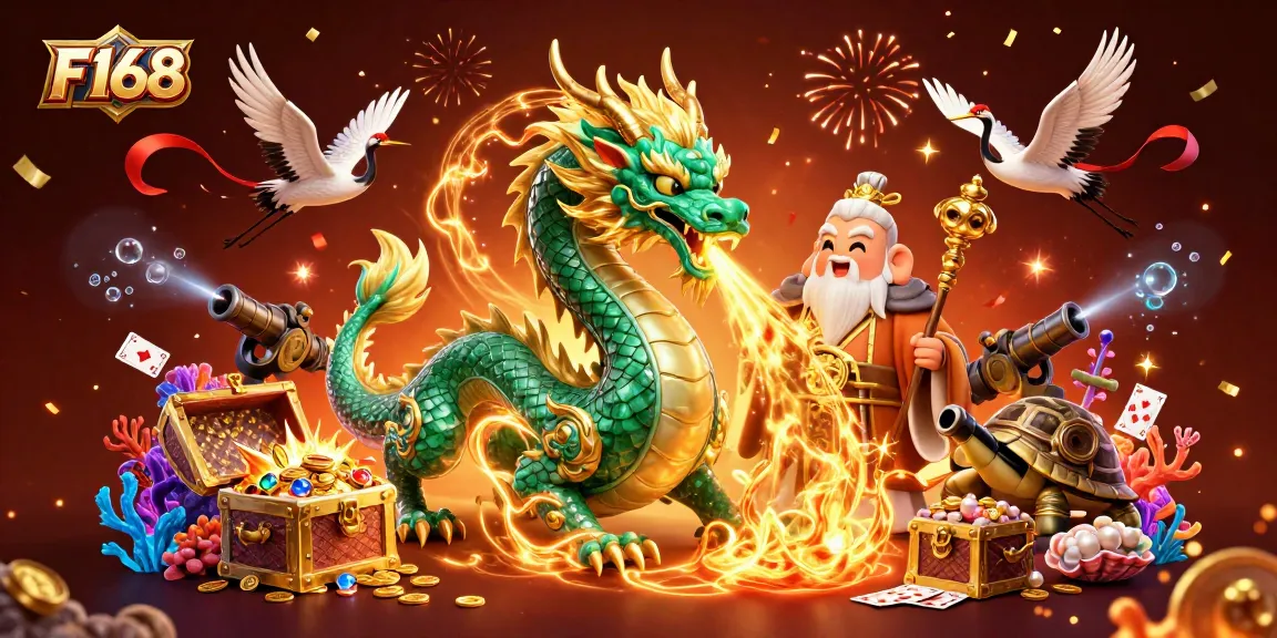 Experience F168's vibrant casino scene with a jade dragon, turtle sage, and lucky cranes amidst gold coins.
