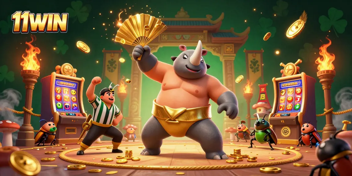 Experience thrilling wins with 11WIN as the champion beetle stomps coins in an exciting casino scene.