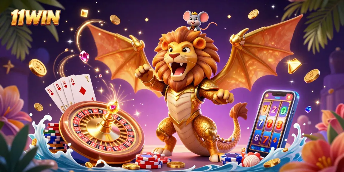 Experience the thrill of winning with 11WIN's vibrant 3D casino illustration featuring exciting gambling elements.