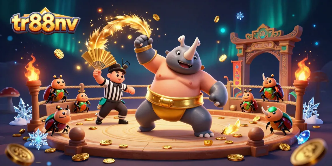 Experience the excitement at tr88nv as the sumo champion beetle sends coins flying in a vibrant casino scene.