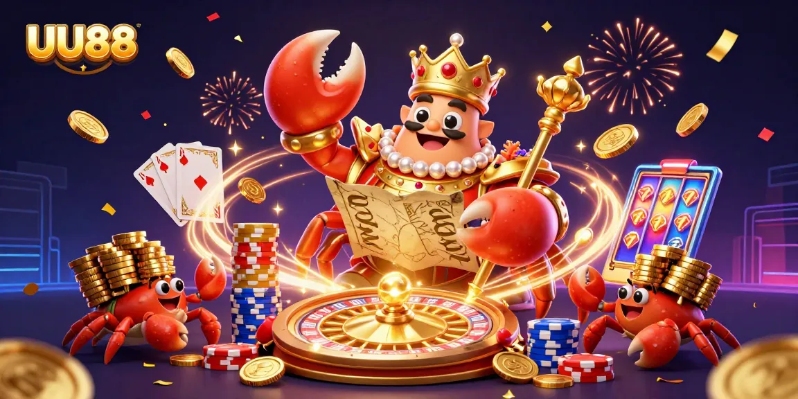 Experience the excitement of UU88 with the golden crab emperor amidst sparkling treasures and dynamic gaming elements.