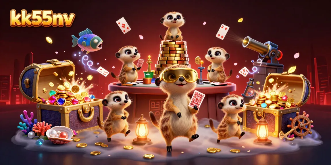 kk55nv meerkats operate a colorful casino amid gold coins and underwater treasures.