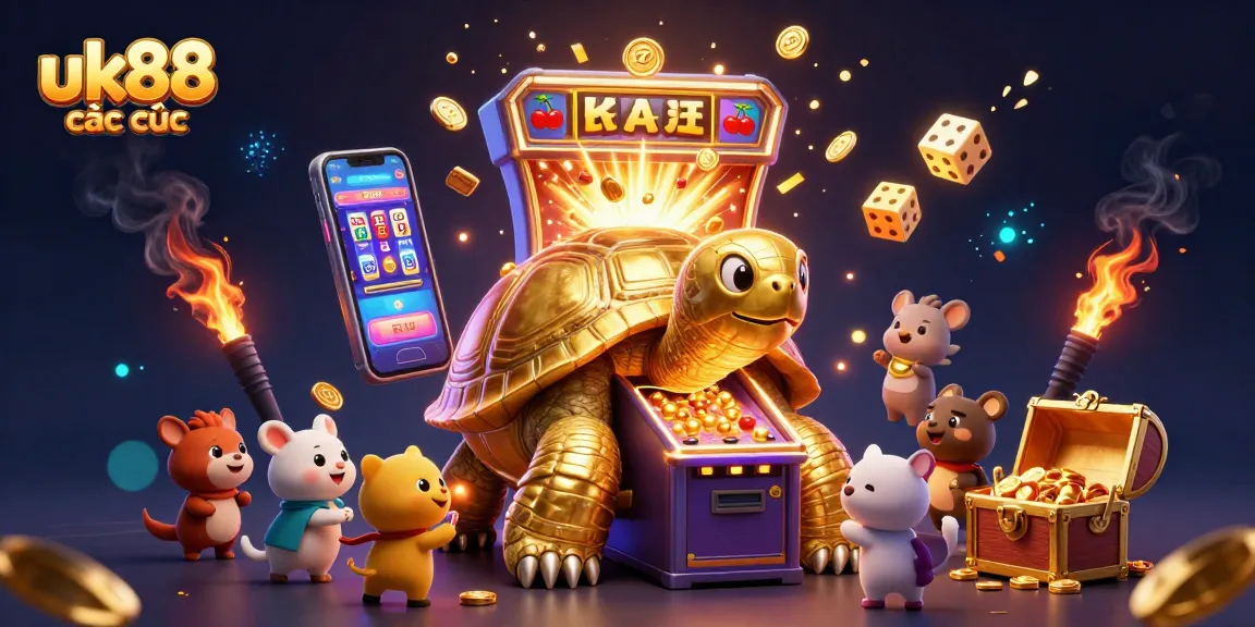 Engage with uk88 các cược in a lively casino scene featuring a golden tortoise pinball machine and slot machines.