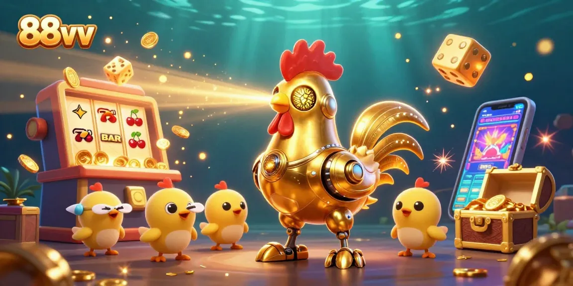 Experience the excitement of 88vv casino with a golden rooster robot and baby chick drones!
