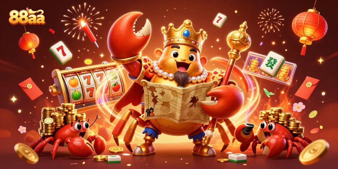 88aa's golden crab emperor reigns over lively slot reels, showcasing a vibrant casino atmosphere.