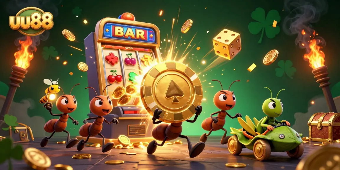 Join the exhilarating adventure of uu88 with our cartoon ants racing for riches amidst a vibrant casino backdrop.