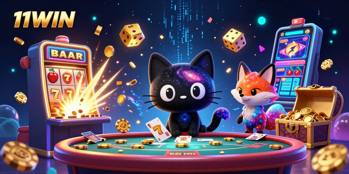 Experience the thrilling cosmic casino scene of 11WIN, featuring a black hole cat and a colorful nebula fox.
