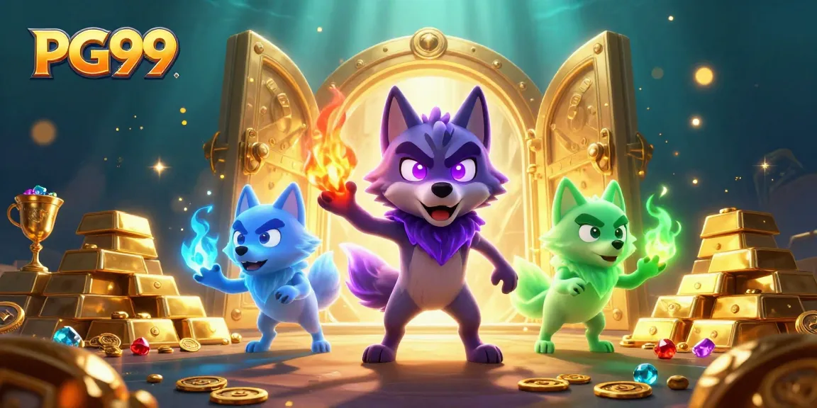 Engage in thrilling gameplay at PG99, showcasing wolf characters amidst golden treasures and casino elements.