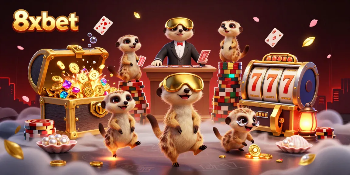 Experience thrilling gameplay at 8xbet with meerkats running a vibrant casino, showcasing exciting game elements.