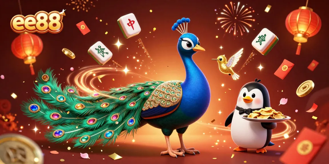 Experience thrilling ee88 gameplay with a majestic peacock, penguin dealer, and vibrant casino elements.