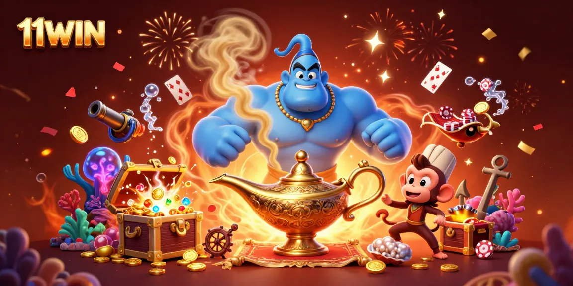 Engage with the vibrant 11WIN casino world featuring cheerful genies and poker magic.