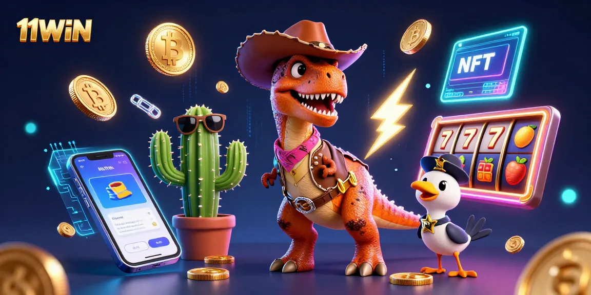 Explore thrilling casino adventures with 11WIN featuring a vibrant cowboy dinosaur and crypto coins.