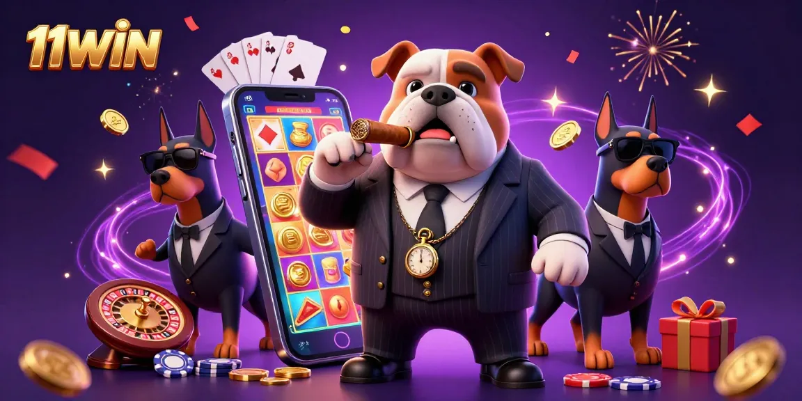 Engage with 11WIN's thrilling casino experience featuring a mafia bulldog and dynamic slots action.
