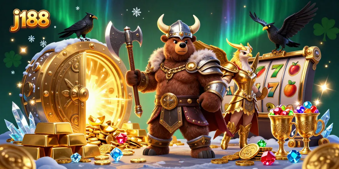 Experience the thrill of j188 with a vibrant Viking-themed casino scene filled with treasures and adventure.