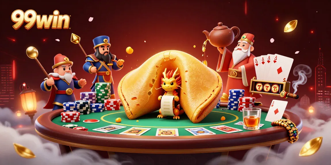 Experience thrilling 99win gaming with a golden fortune cookie and poker excitement in this vibrant scene.